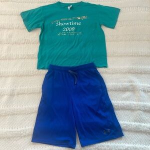 Under Armour athletic shorts blue drawstring waist green T-shirt size YLG 14 16
